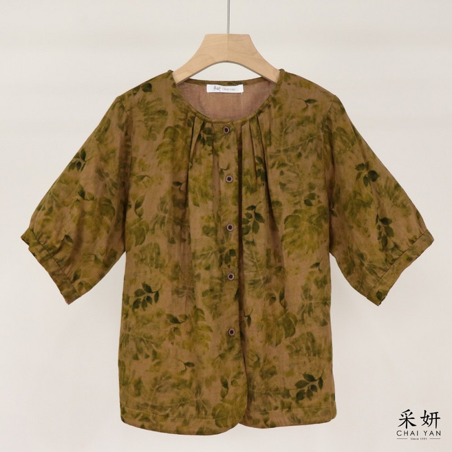 采妍CHAI YAN 渲染花棉麻短袖襯衫