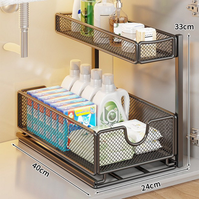 Tixpra 주방 싱크대 하부 슬라이딩 다층 수납랙 화장실용 인출식 분리 수납장, 1개, 블랙