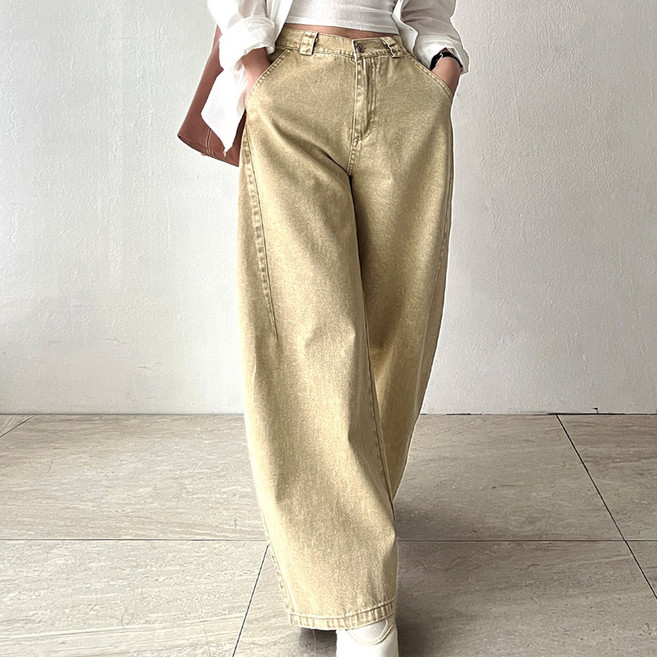 네모엔룩 미들핀턱와이드 여성용 입체 볼륨 핀턱 루즈핏 워시드 라이트컬러 코튼데님 뒷밴딩 와이드 면 데님 팬츠