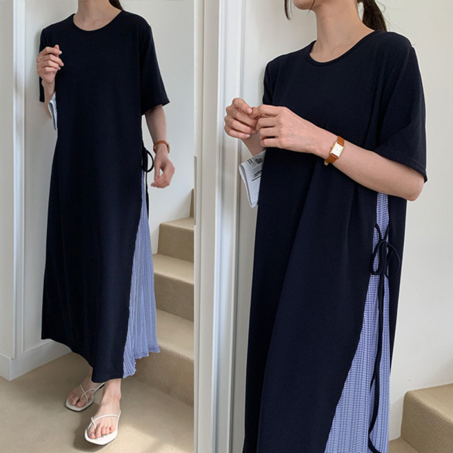 마이쏭 여성 빅사이즈 여름원피스 반팔 루즈핏 헬리체크배색롱원피스