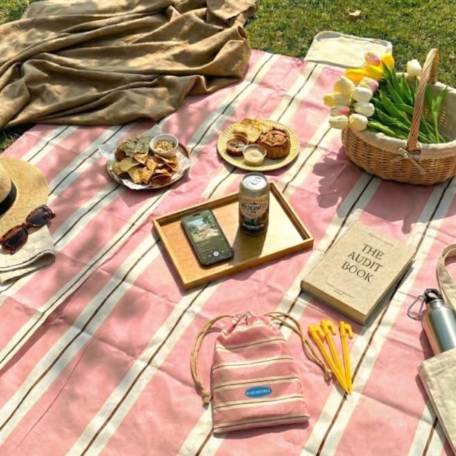 DUGN 초경량 휴대용 방수 스트라이프 감성 피크닉매트 돗자리, 분홍이