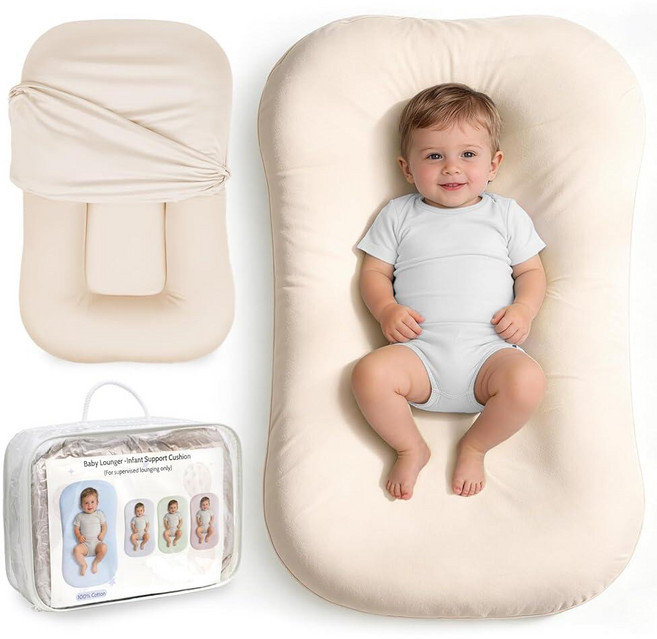 LAYVIC Baby Lounger Portable Infant Lounger for Newborns with Removable 100% Cotton Cover Cream 2, LAYVIC Baby Lounger, Portable