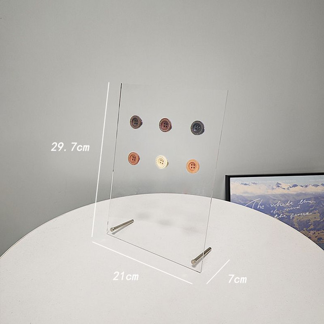透明亞克力留言板 桌面記事擺件, 1個, A4亚克力展示架+6个木纹纽扣磁钉