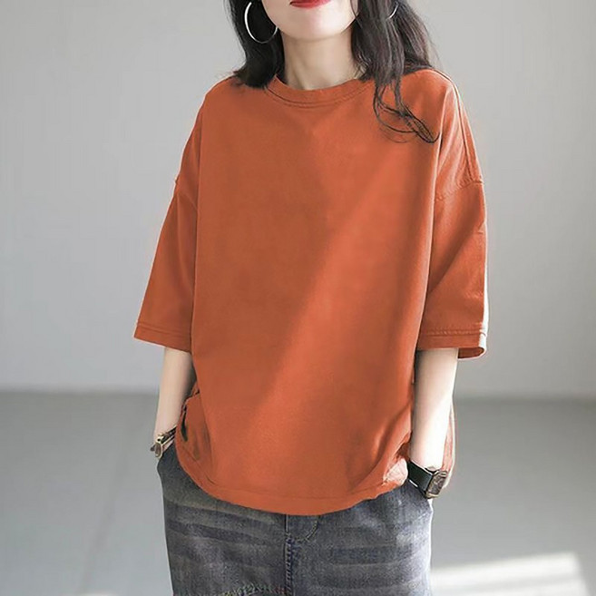 ROYALBELLE 여성 면 라운드넥 심플 빅사이즈 루즈핏 오부소매 일상 반팔 티셔츠 V01032708