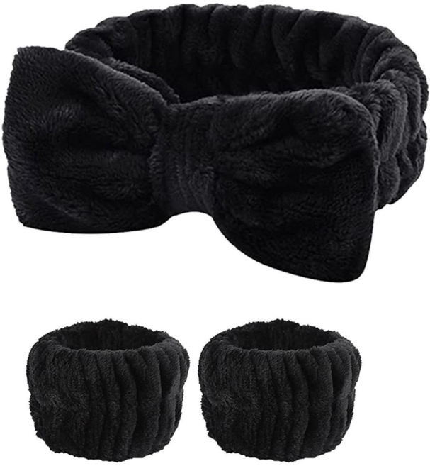 에버샵 극세사 세안 물방지 3종 세트 손목밴드 헤어밴드 리본, 블랙