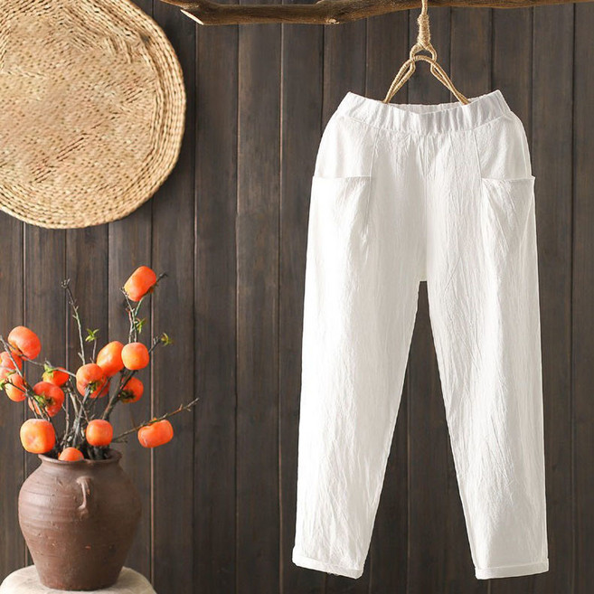 여성 빈티지 배기 팬츠 세미캐주얼 코디 시원 면 소재 봄 여름철 빈티지 스타일 모던 루즈핏 편안함 개량 한복 긴바지