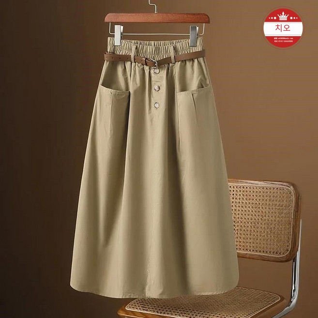 패션 밴딩 하이웨이스트 미디 스커트 빅 포켓 캐주얼 스커트 여름 여성 A라인 스커트 치마 빅사이즈