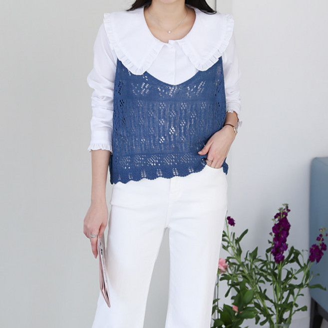 봉봉스토리 여성용 바쥬 레이어드 니트 나시 조끼 뷔스티에 펀칭 크로셰