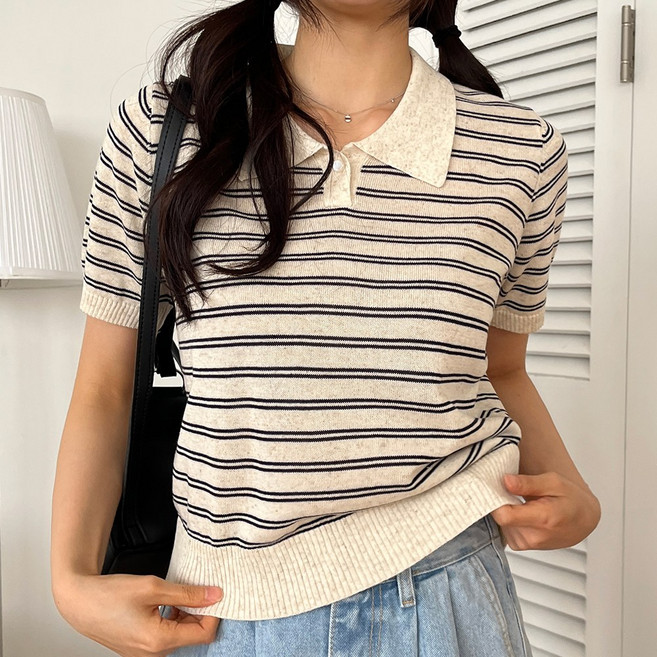 [디아미뇽] 도리스 배색 스트라이프 카라 반팔 니트