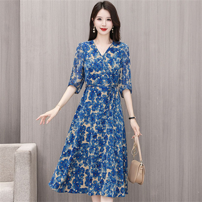 besteffie 여성 여름 패션 꽃무늬 쉬폰 원피스 V넥 허리끈 디자인 빅사이즈 오피스룩 K71