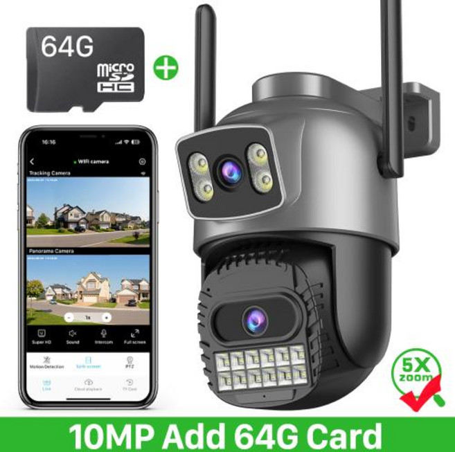 홈 카메라 15MP 8K 3 렌즈 스크린 PTZ Wifi 야외 HD 5G 보안 Ai 인간 감지 감시, 10MP Add 64G Card, 미국 플러그