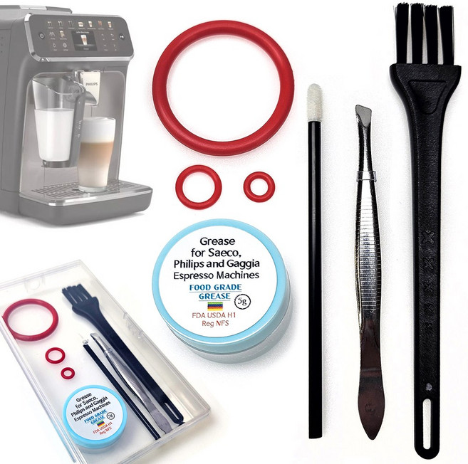 필립스 커피머신 오링 3종 구리스 식용등급 테프론 윤활제 교체 부품 국산 실리콘링 호환 EP 1200 2200 3200 5400 라떼고 셀프 수리 청소 브러쉬, 1세트, 풀세트 (실리콘오링3종+구리스+청소솔+붓)