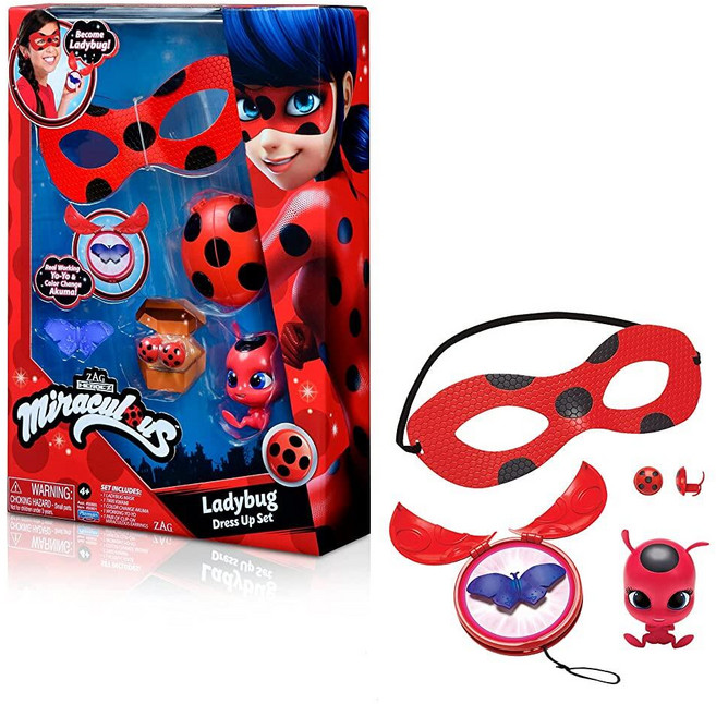 Miraculous Playmates Toys 여아용 여성 무당벌레 드레스 업 세트 요요 색상 변경 아쿠마 티키 콰미 마스크 및 귀걸이 4세 이상 액션 피규어 포함, 1개