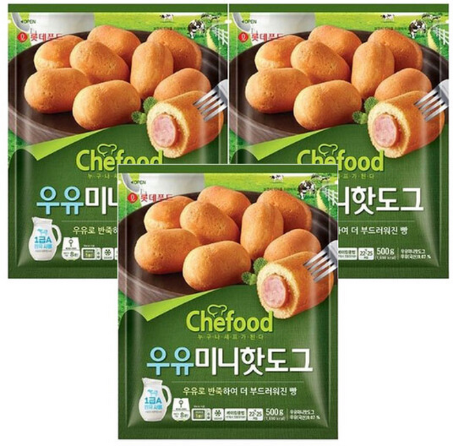 롯데푸드 쉐푸드 우유 미니 핫도그, 500g, 3개