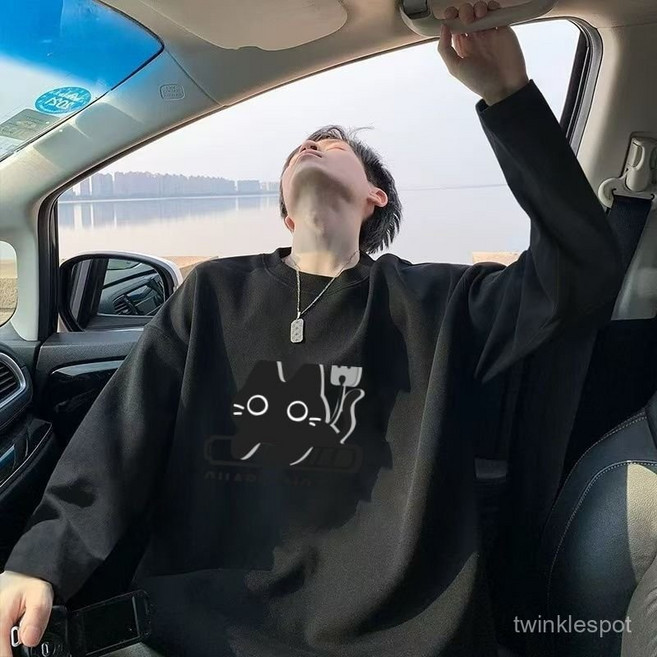 귀여운 고양이 프린트 오버핏 맨투맨 남녀공용 캐주얼 티셔츠zhl