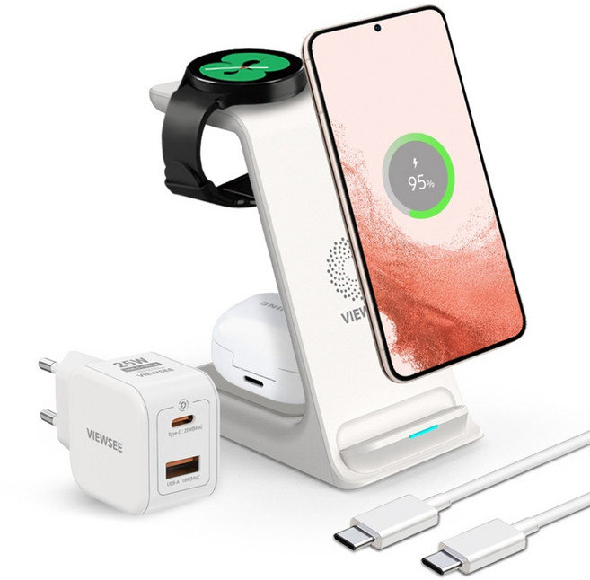 뷰씨 3in1 고속 무선 충전기 거치대 애플워치 갤럭시 워치 호환 25w 초고속 충전기 포함, 화이트