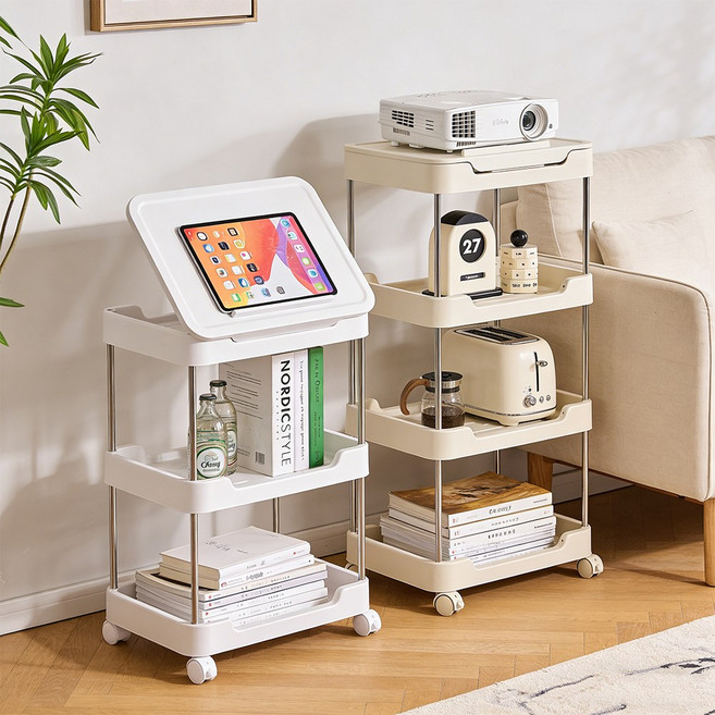 거실 각도조절 다용도 수납 트롤리 분리가능 이동식 주방선반 각도조절 태블릿 거치대, 3단, 화이트
