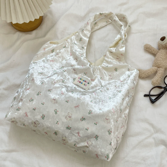 봄꽃 꽃무늬 진주 벨벳 대용량 데일리 캐주얼 에코백 숄더백