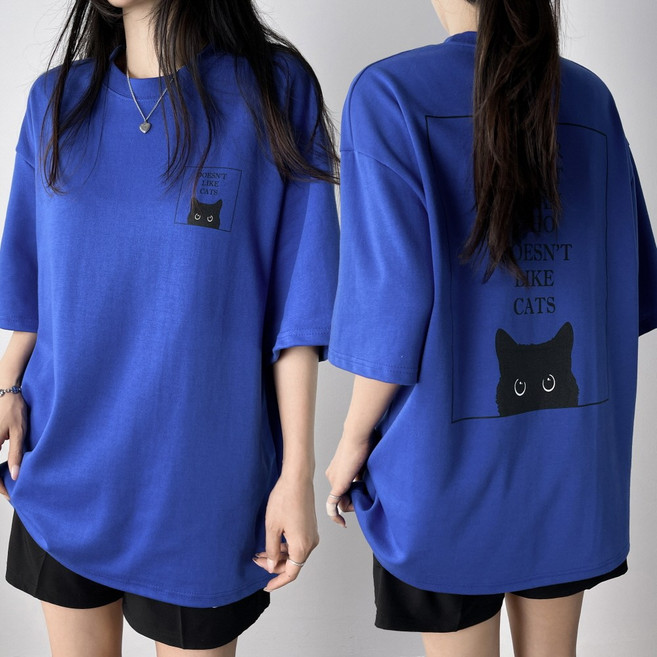 레이디스룸 국산 특양면 ~2XL 오버핏 고양이 프린팅 빅사이즈 박스 반팔 티셔츠