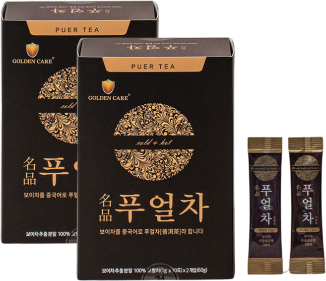 [골든케어] 명품 푸얼차 중국 운남성 보이차 추출 발효 분말 스틱 가루 20배 고농축, 2세트, 60개입, 1g
