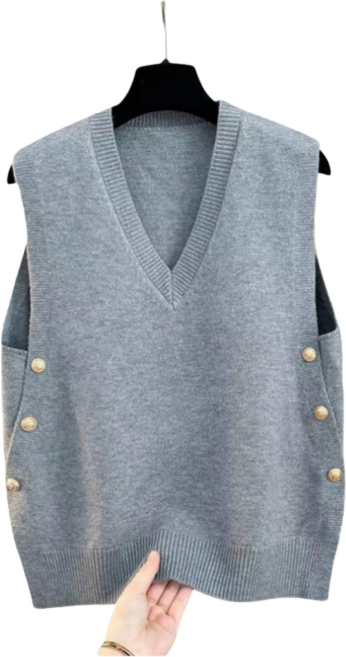Makone 여성 봄 가을 브이넥 루즈핏 버튼 니트 베스트 나시 조끼