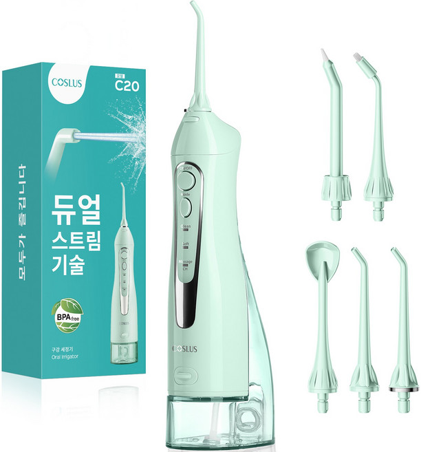코슬루스 휴대용 무선 구강세정기 물치실 IPX7급방수+5개노즐팁, 그린