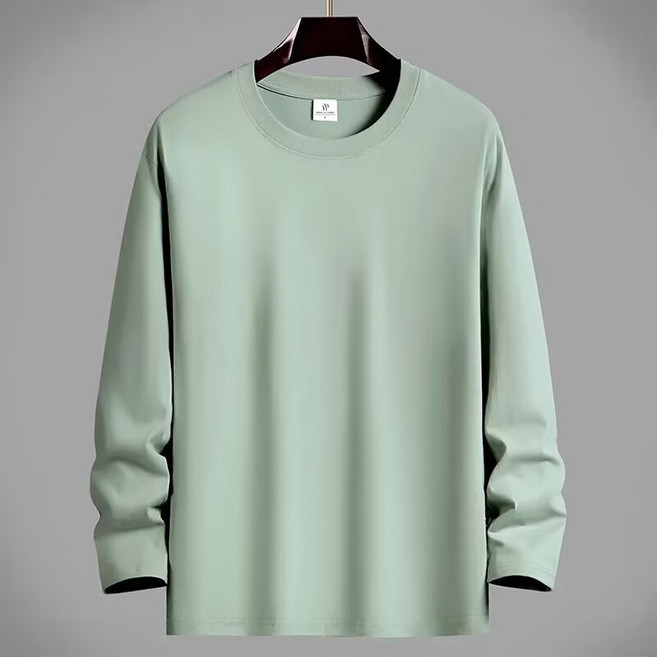 秋季長袖素色薄款上衣 男女T恤 7色經典圓領素T【M-5XL】多色可選, 長袖豆綠色,4XL