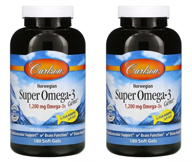 칼슨 랩스 노르웨이 슈퍼 오메가 3 피쉬 젤라틴 1200mg 180소프트젤 X 2통, 180정, 2개 - 쿠팡