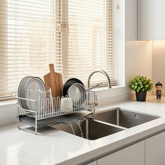 1초 사용 설치 필요 없는 대용량 다용도 식기건조대 [물빠짐 물받이 포함], 1개, 실버, 1단