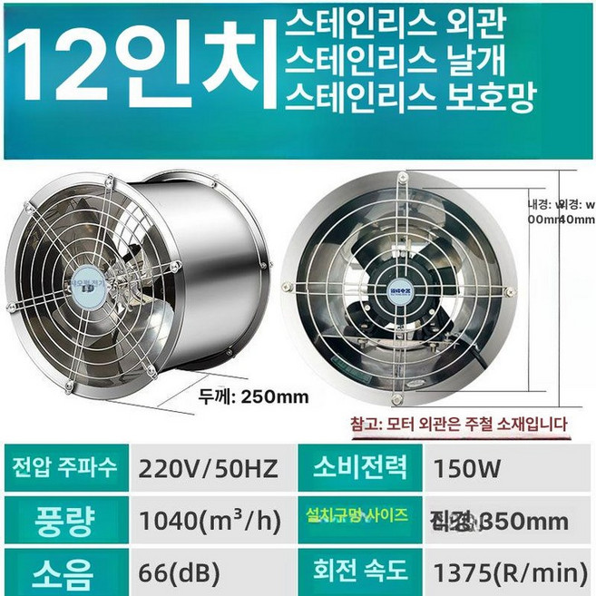 농장 환풍기 환기팬 대형 비닐하우스 덕트 환기, 12인치 중속기 201 스테인리스스틸
