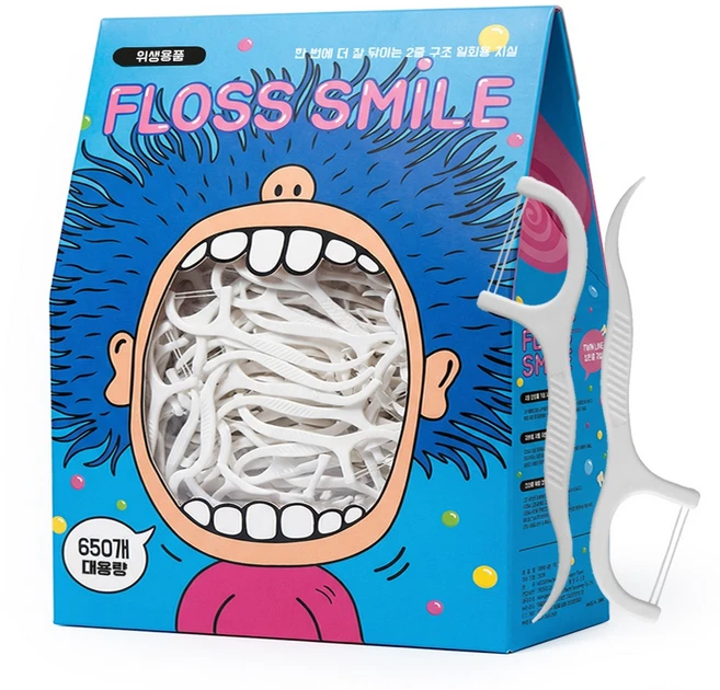 플로스마일 덴탈 2줄 일회용 치실, 1세트, 650개입, 1.6cm - 쿠팡