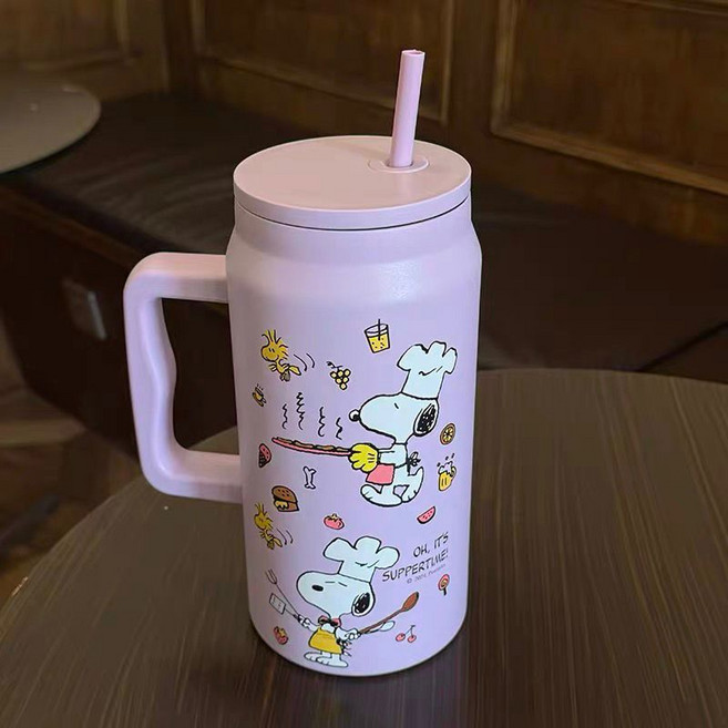 GOYES 캐릭터 스누피 도안 텀블러 대용량 보온 보냉병 빨대 텀블러, 1개, 1500ml, 퍼플