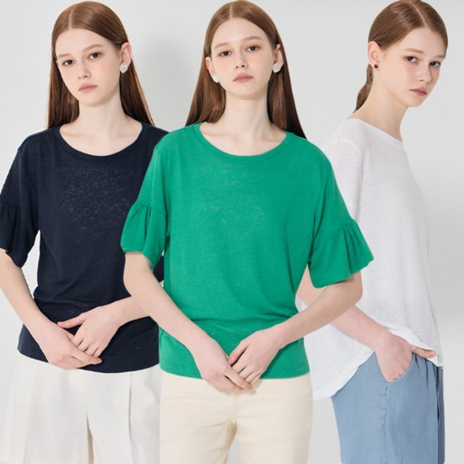 [최초가 87000원]3SET 린넨블렌디드 퍼프 슬리브 데일리 반팔 티셔츠 3종세트