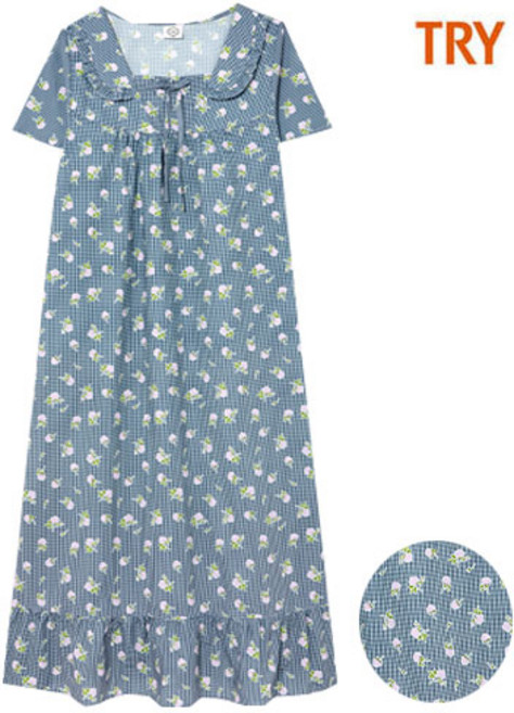 홈란쥬 트라이 여성 쾌적하고 시원한 아사면 반팔 원피스 잠옷(06)