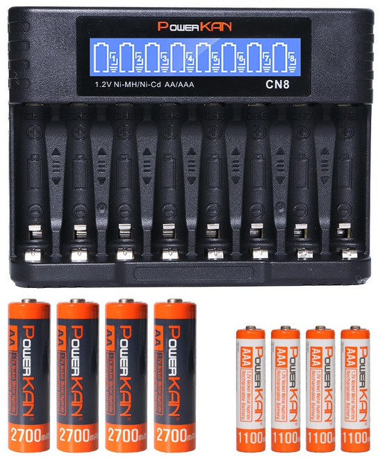 POWERKAN CN8 8구 충전기+고용량충전지 세트 AAA 1100mAh*4알 AA 2700mAh*4알 니켈수소 충전지