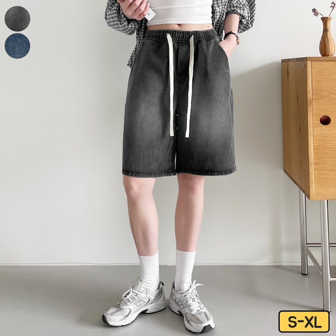 바비팩토리 여성용 데님 워싱 5부 버뮤다 밴드 반바지 팬츠