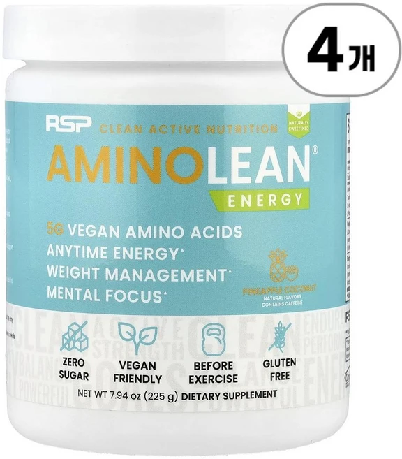 RSP 뉴트리션 아미노린 에너지 파인애플 코코넛 RSP Nutrition AminoLean® Energy Pineapple Coconut 225g, 4개 - 쿠팡