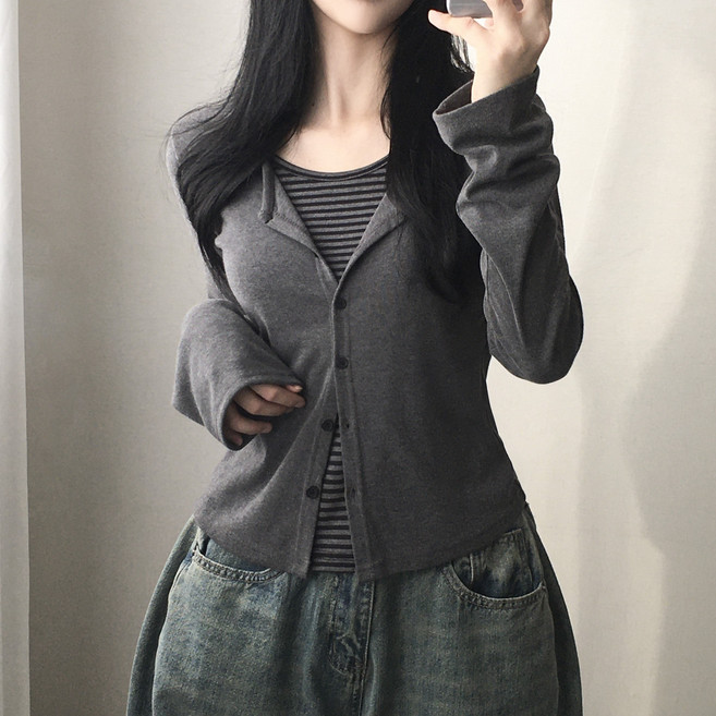 가디건입은듯! 일체형 이중 단가라 레이어드 긴팔티셔츠 2color