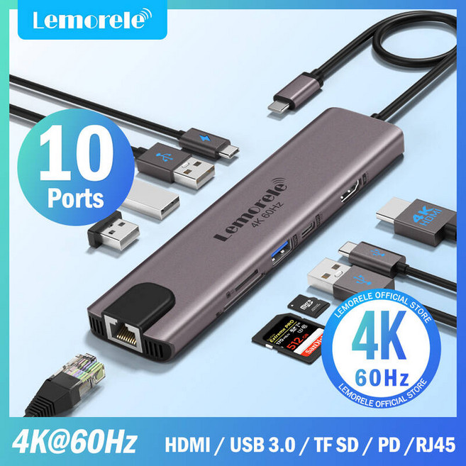 usb 멀티허브 포트 확장 분배기 Lemorele 맥북 프로 노트북용 USB 허브 도킹 스테이션 c HDMI 4K 60Hz 3.0 RJ45 1000Mbps PD100W 충전 TC4, 4K 60Hz Aluminum