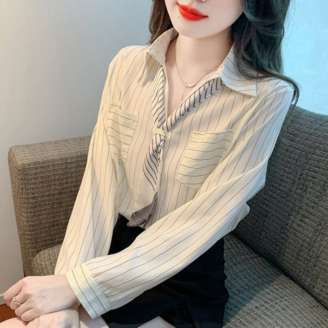 COSYEVNO 여성 넥타이 남방 가을 빅사이즈 루즈핏 패션 브이넥 스트라이프 긴팔 상의 lyjcs06