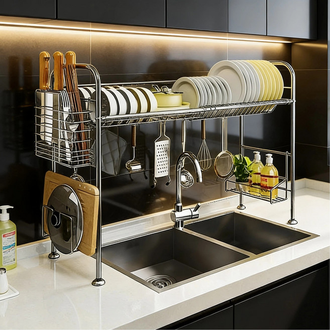 심플에이치 올스텐 식기건조대 녹슬지않는 주방 싱크대선반 자동배수 설거지정리대 올인원, 1개, 80cm, 1단