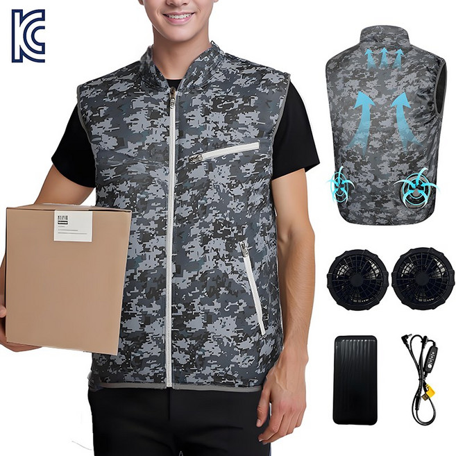 [KC인증] 에어 쿨조끼 선풍기 조끼+20000mAh 보조 배터리 얼음조끼 낚시 등산 현장작업 K-V