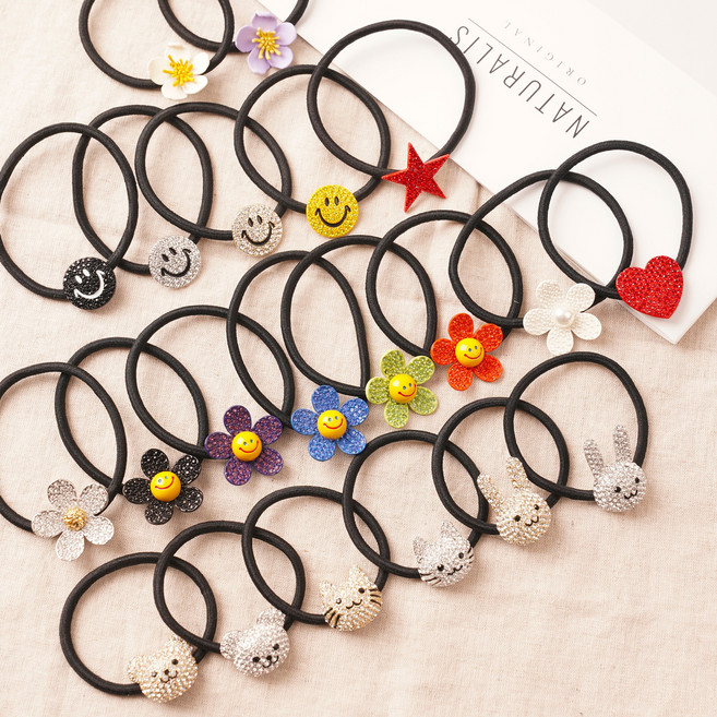 플라워꽃 스마일꽃 동물 고양이 크리스탈 큐빅 헤어끈 큐빅 머리끈