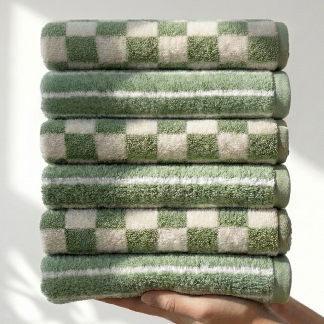 바무타올 국내산 뱀부 호텔 수건 180g, 6개, 그린 체크+그린 스트라이프