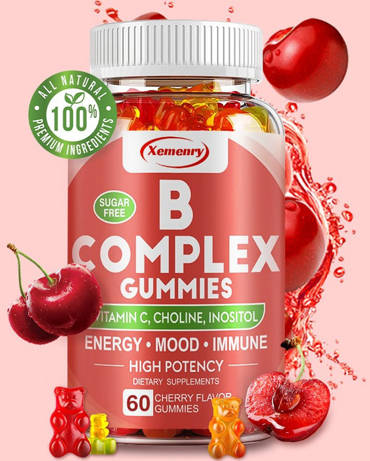 무설탕 비타민 B 복합 구미 (비타민 C 콜린 이노시톨 함유) - 기분 개선 면역력 강화 및 활력 증진 체리맛, 3개, 100정