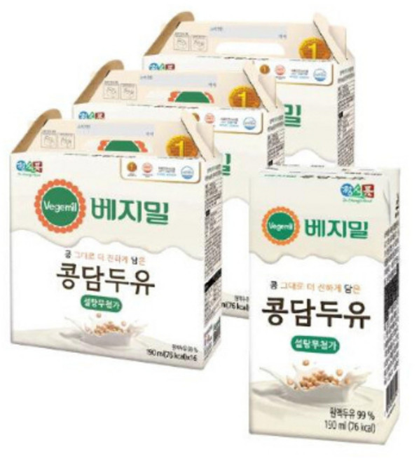 베지밀 무가당 콩담두유 190ml x 48팩, 48개