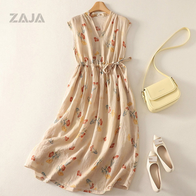 ZAJA 여성 여름 면마 민소매 롱 플라워 원피스