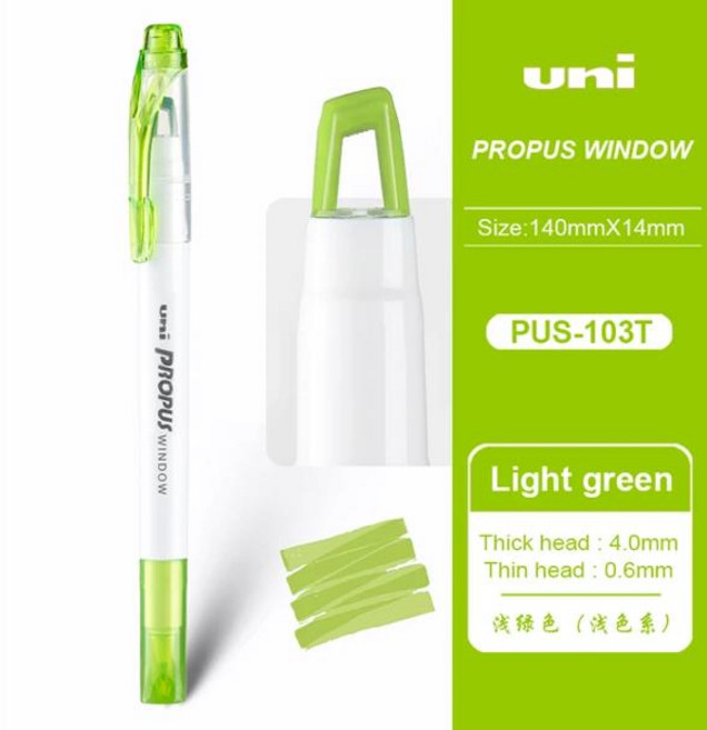 다크서클 컨실러 일본 UNI 하이라이터 PUS-103T 윈도우 가능 더블 헤드 펜 PROPUS 핸드 계정 메모 작성 특수 목적 문구, [03] Light green, 1개