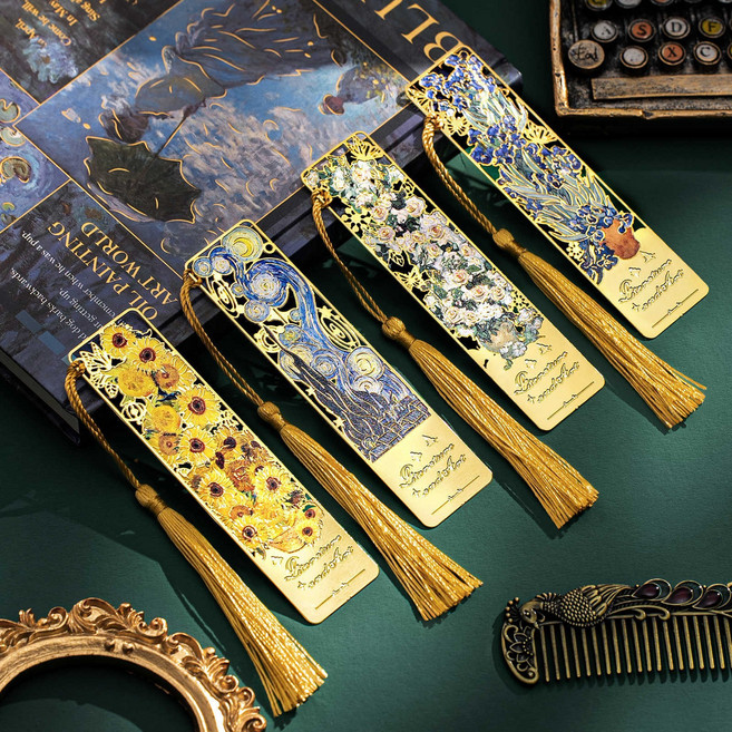 SEAE 고급 선물용 금속 책갈피 다이어리 독서 예쁜 납작 북마크 4종 세트, 1세트, 해바라기+밤하늘+아이리스+장미