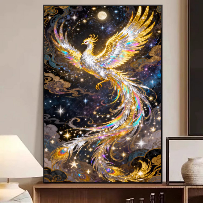 행운을 부르는 액운막이 황금 봉황 호화 5D 다이아몬드 십자수 캔버스형 DIY 집들이 선물 (액자미포함), 황금 봉황50×75cm, 1세트